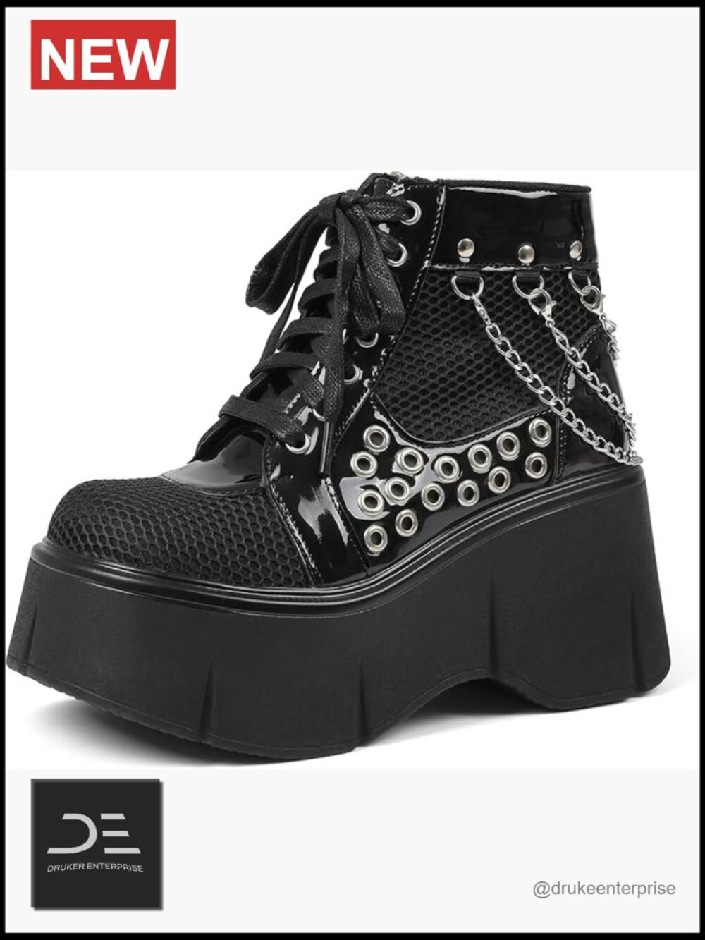 Wedge Platform Combat Ankle Booties Lace Up Chain Mesh Punk Goth Boots